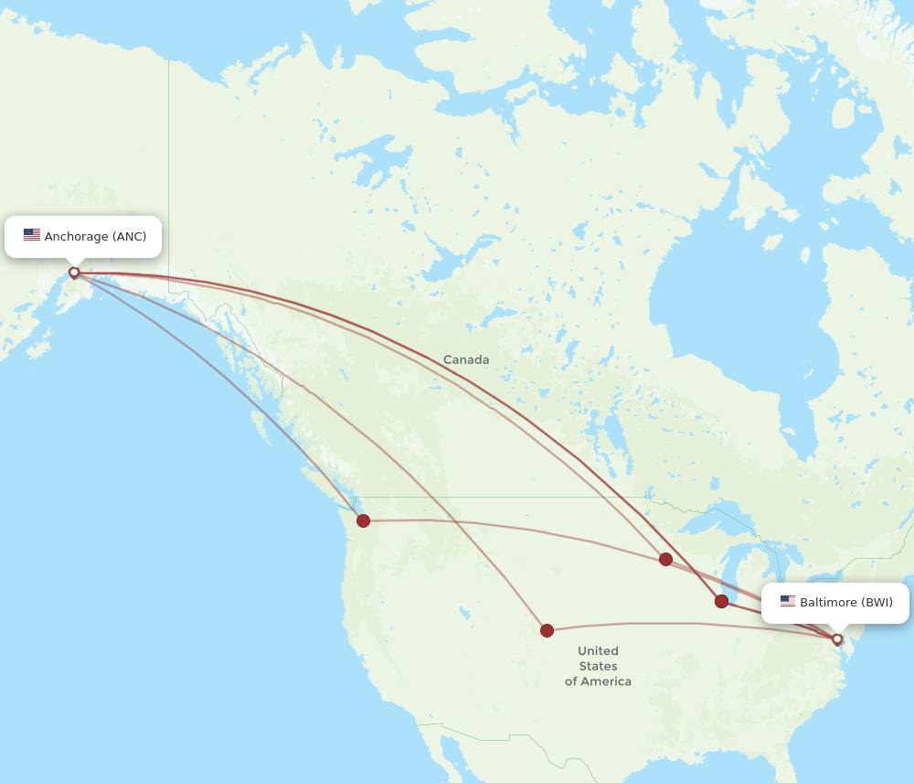 ANC to BWI flights and routes map