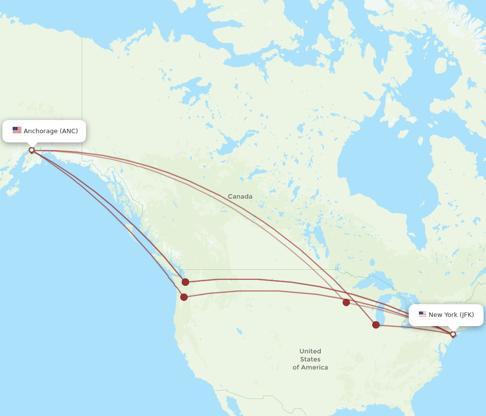 ANC to JFK flights and routes map