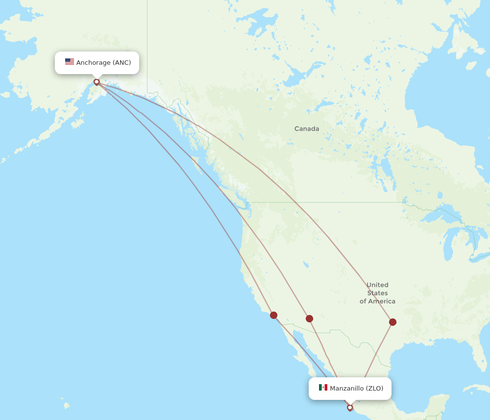 Manzanillo - Anchorage route map and flight paths