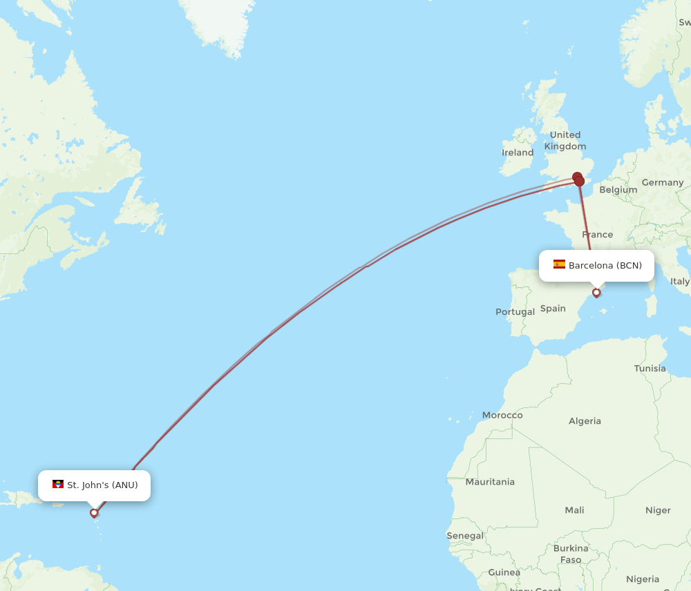 ANU-BCN flight routes