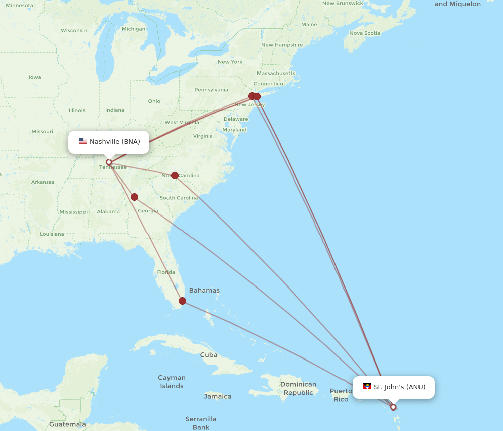 ANU to BNA flights and routes map