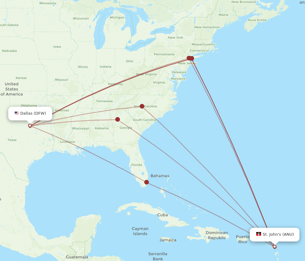 ANU-DFW flight routes