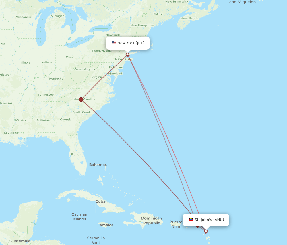 ANU-JFK flight routes