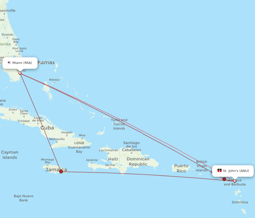 ANU-MIA flight routes