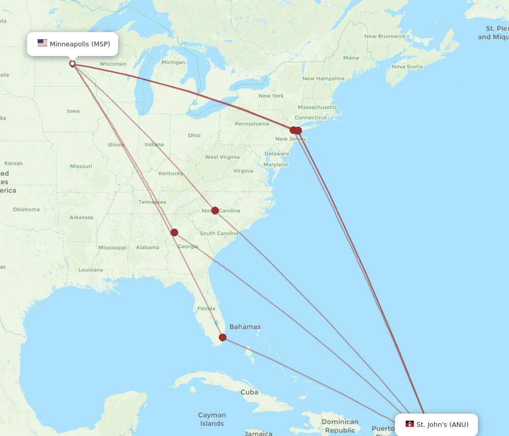 ANU to MSP flights and routes map