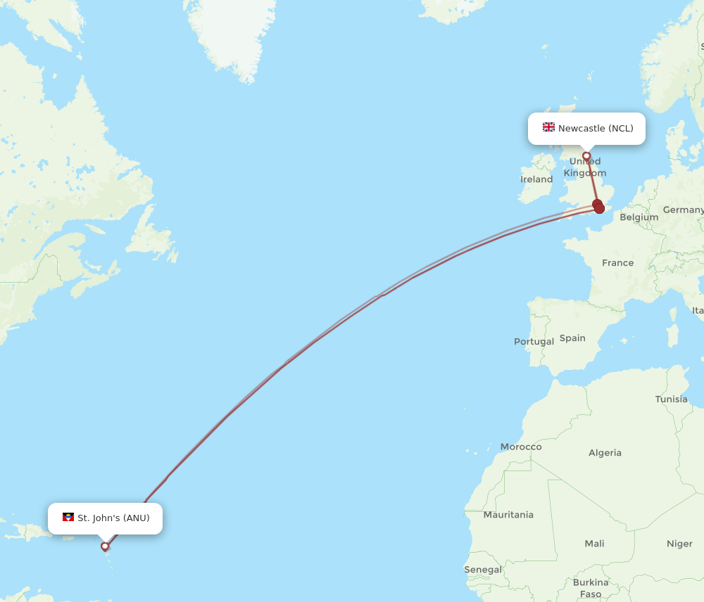 ANU to NCL flights and routes map