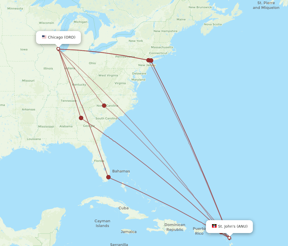 ANU to ORD flights and routes map