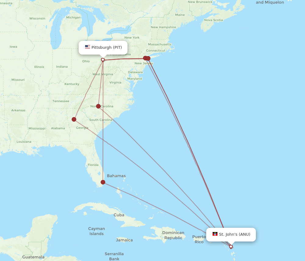 ANU to PIT flights and routes map