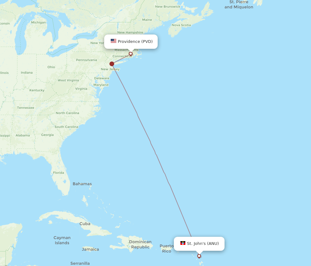 ANU to PVD flights and routes map