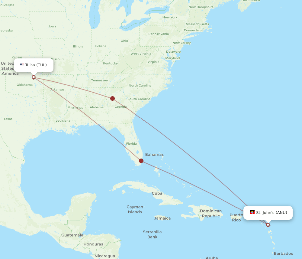 ANU to TUL flights and routes map