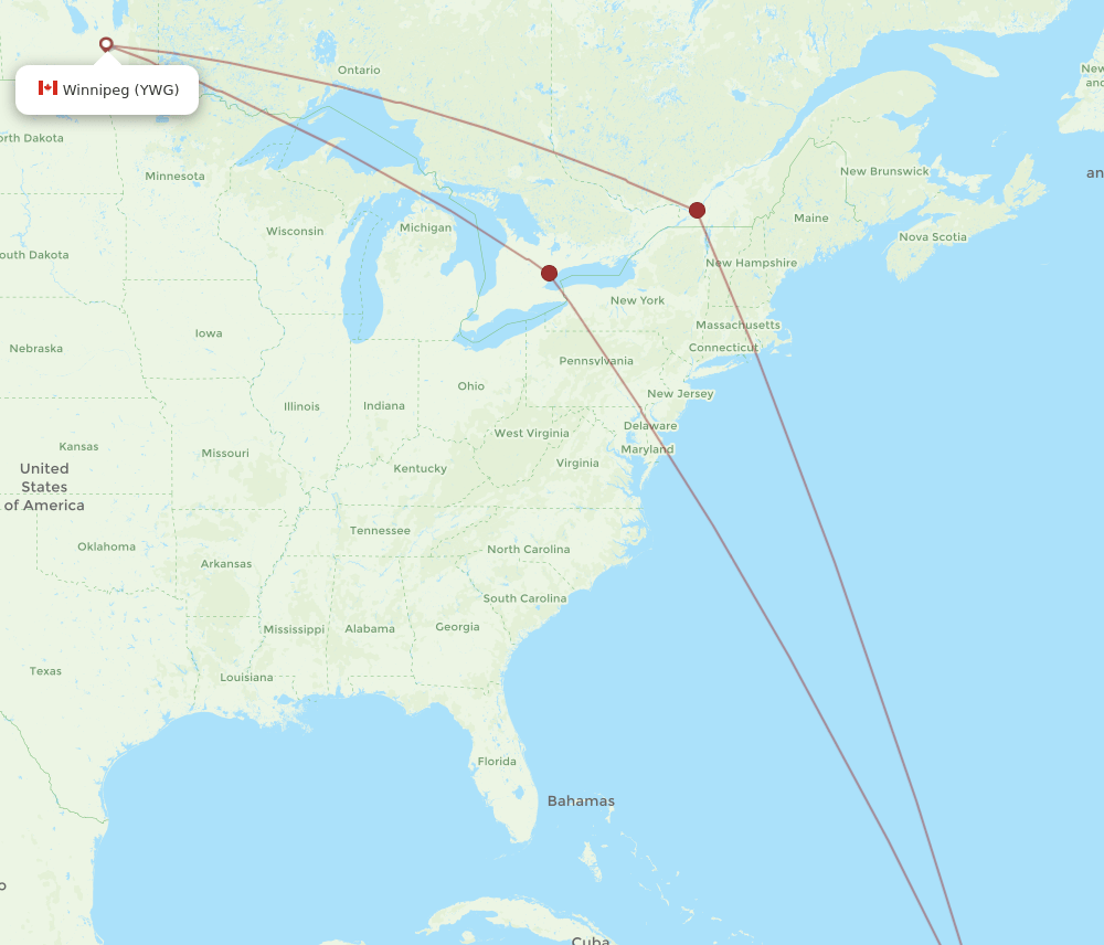 Winnipeg - Antigua route map and flight paths