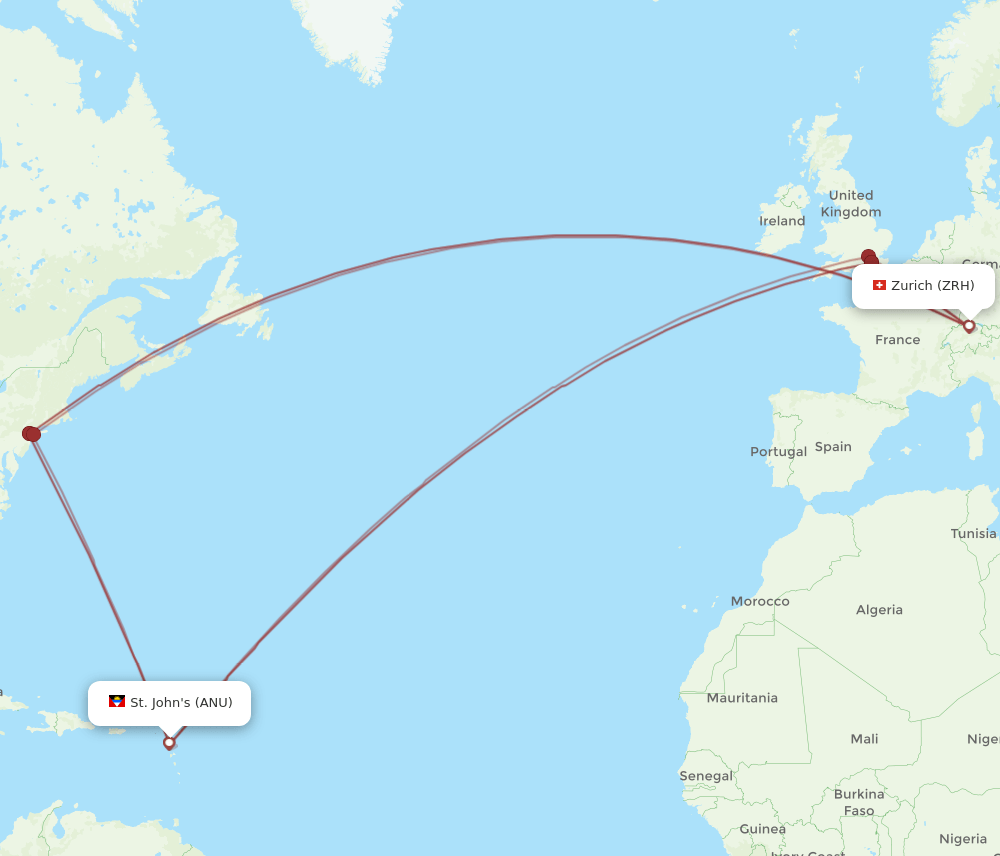 Zurich - Antigua route map and flight paths