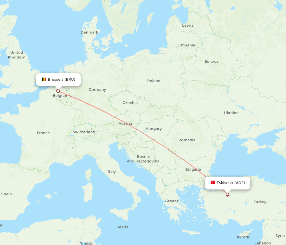 Eskisehir - Brussels route map and flight paths