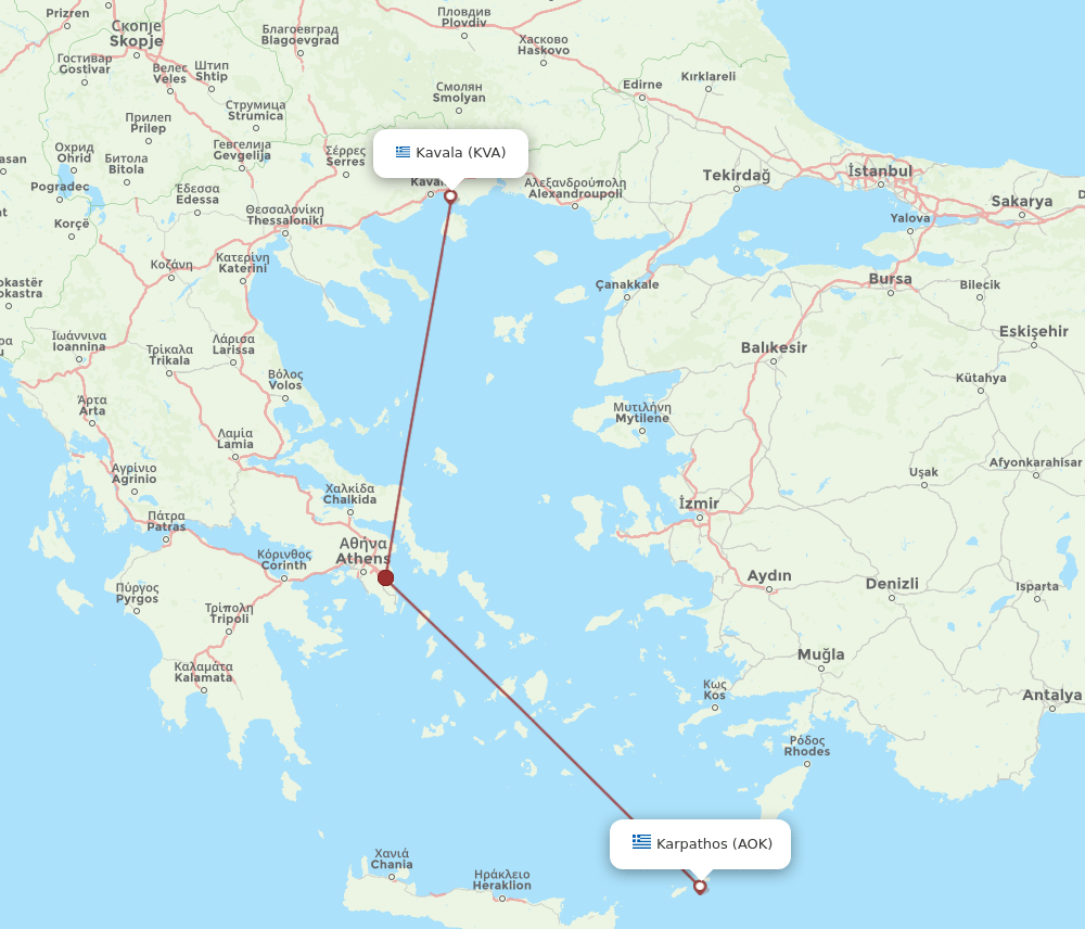 AOK to KVA flights and routes map