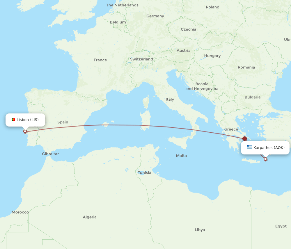 Lisbon - Karpathos route map and flight paths