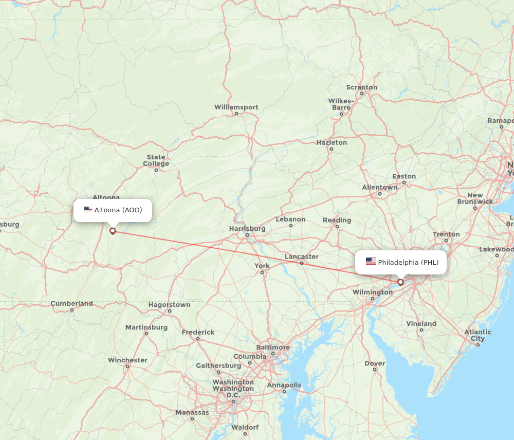 Altoona - Philadelphia route map and flight paths