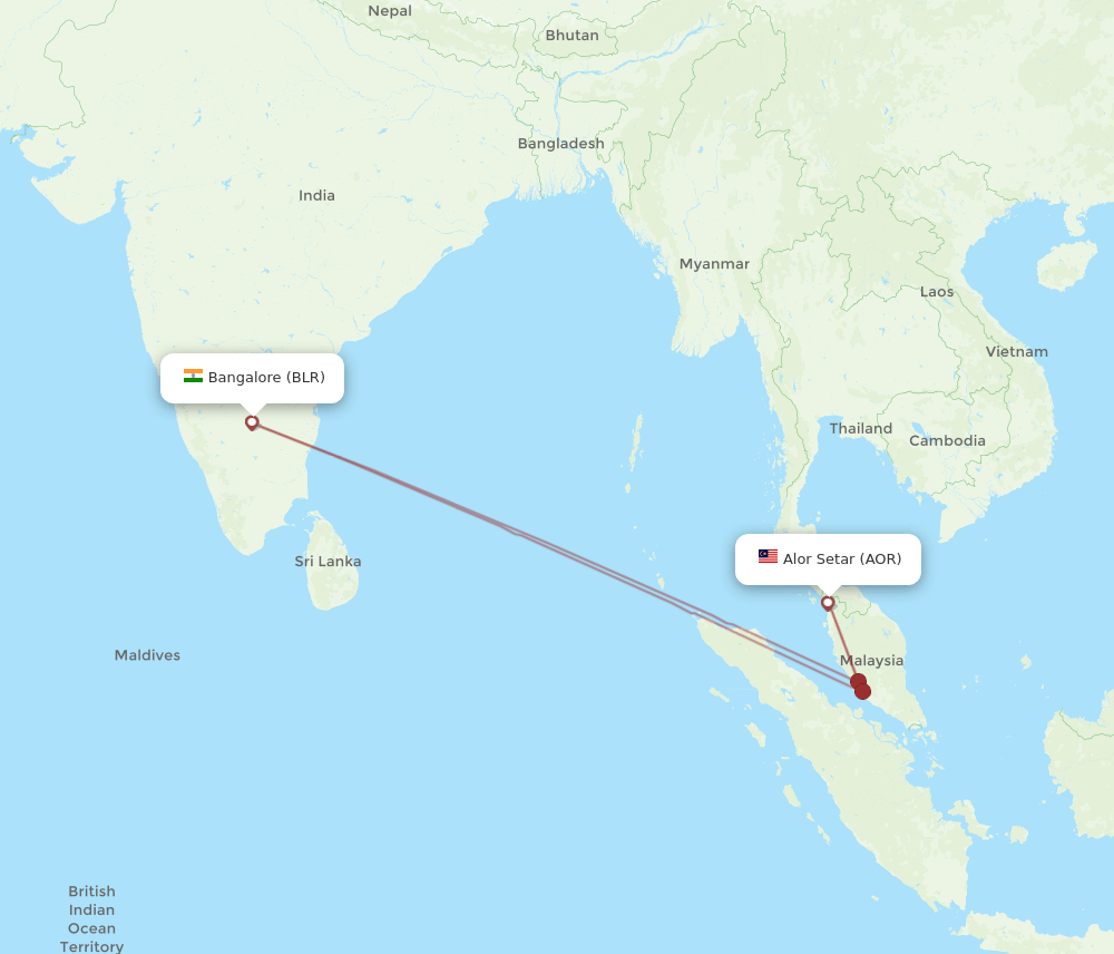 Alor Setar - Bengaluru route map and flight paths