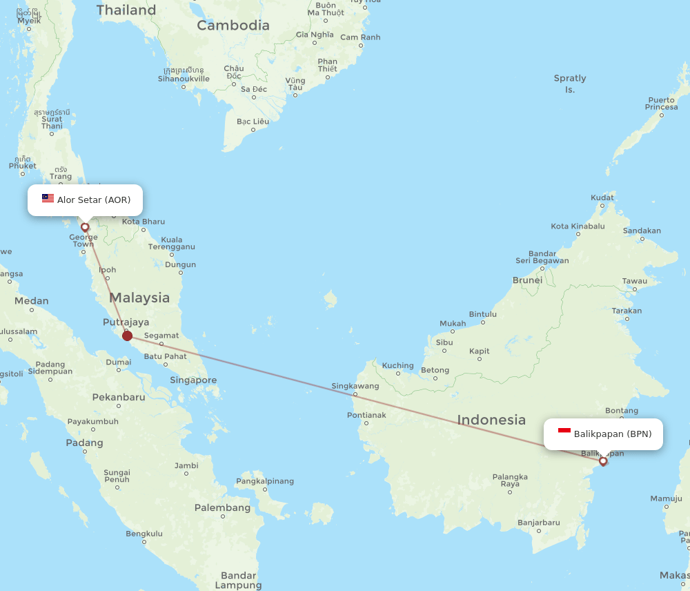 Balikpapan - Alor Setar route map and flight paths