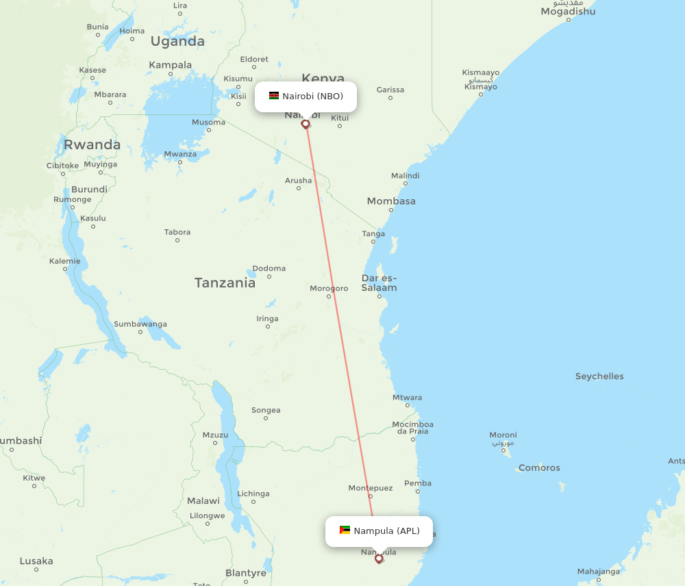 Nampula - Nairobi route map and flight paths