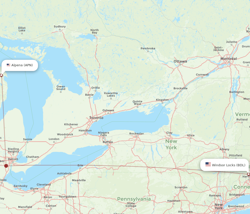 APN to BDL flights and routes map
