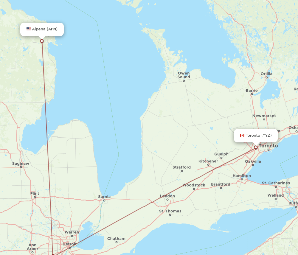 Toronto - Alpena route map and flight paths