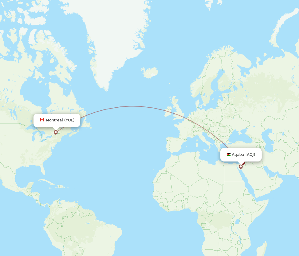 Montreal - Aqaba route map and flight paths