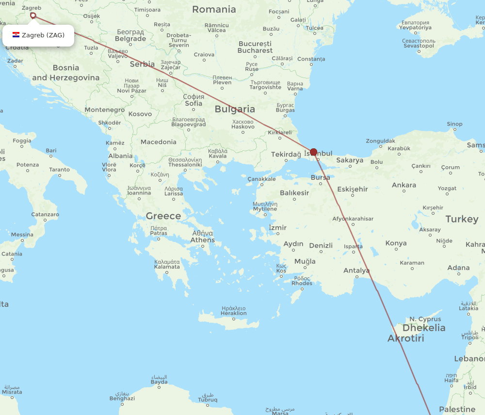Zagreb - Aqaba route map and flight paths