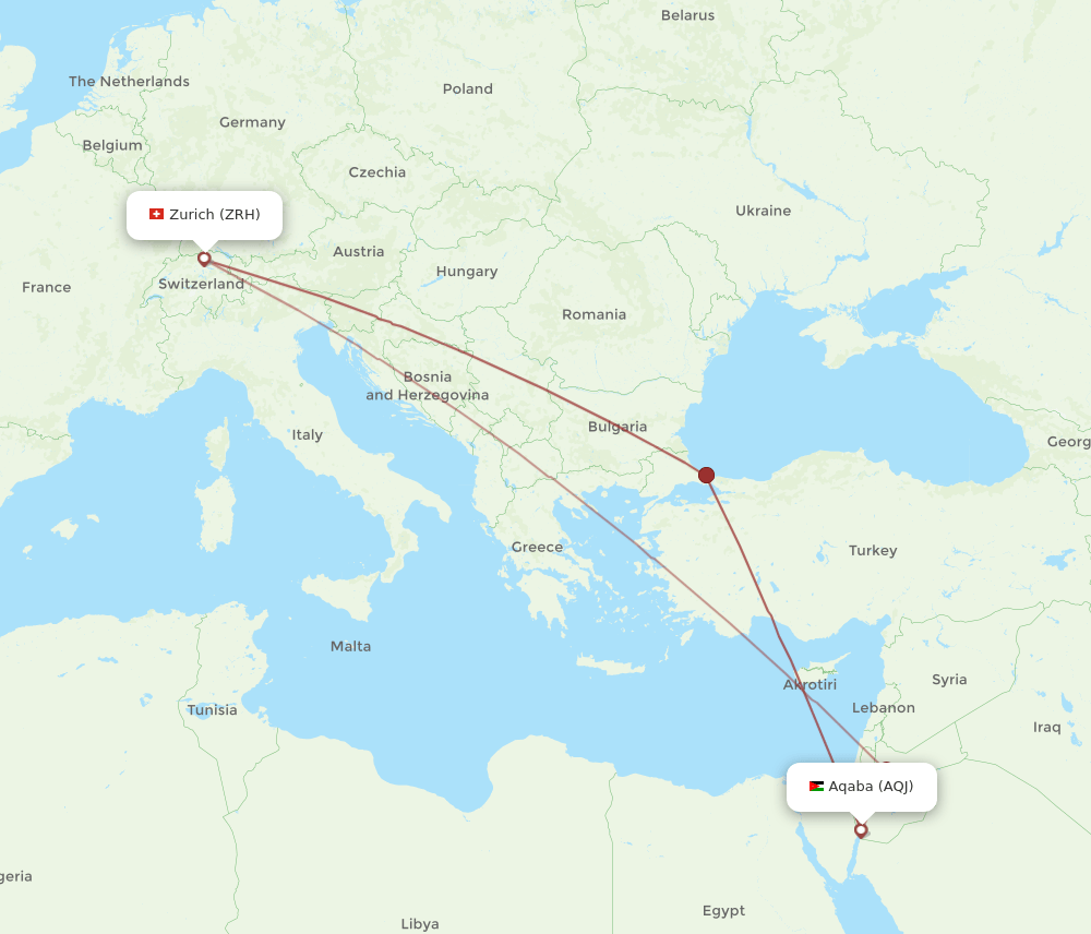 Zurich - Aqaba route map and flight paths