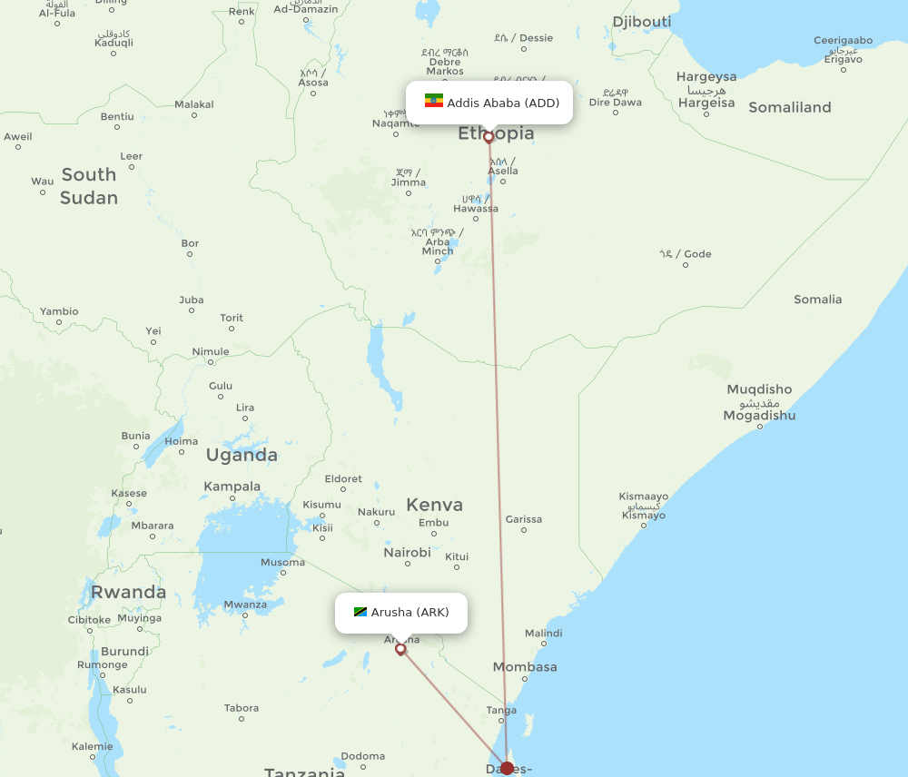 Addis Ababa - Arusha route map and flight paths