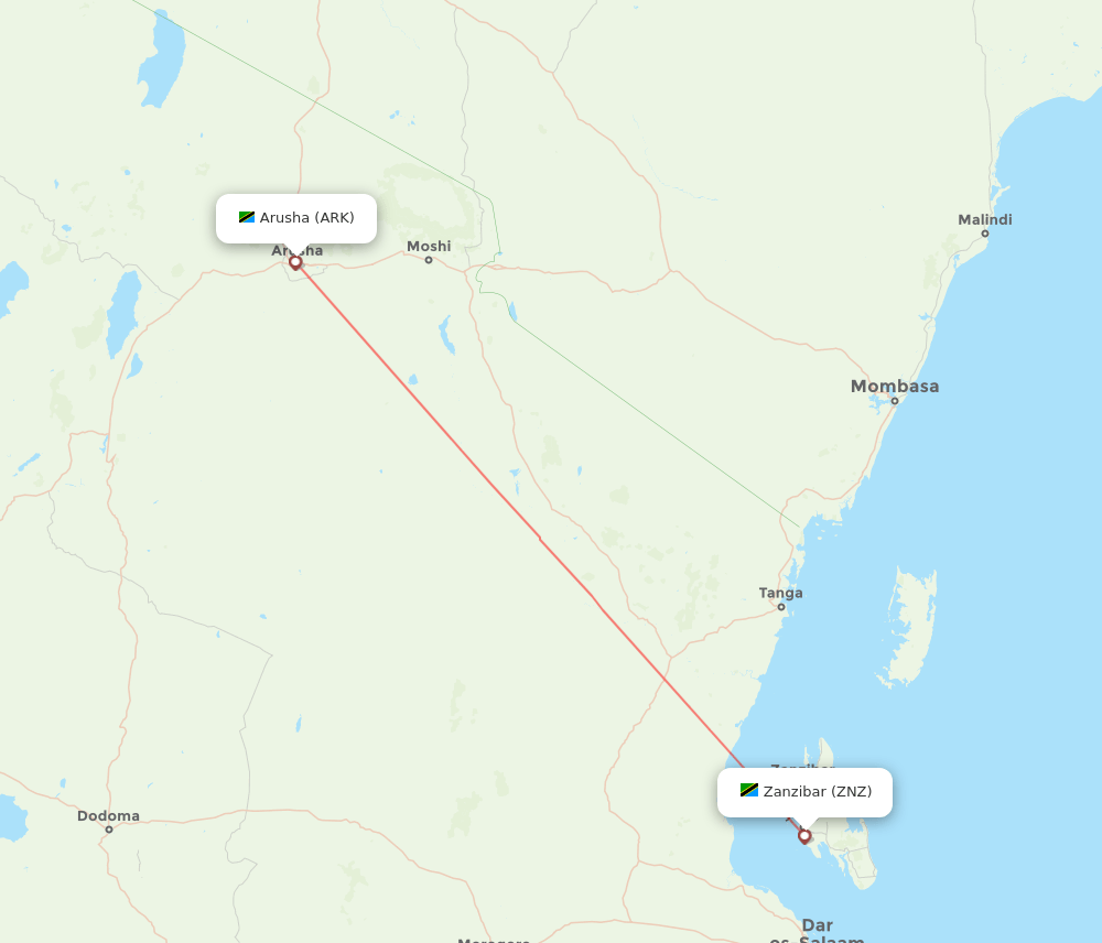 Arusha - Zanzibar route map and flight paths