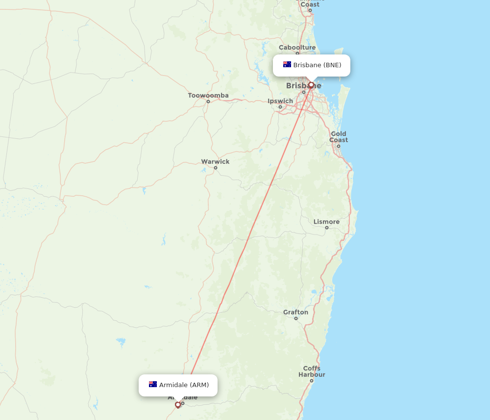 ARM to BNE flights and routes map