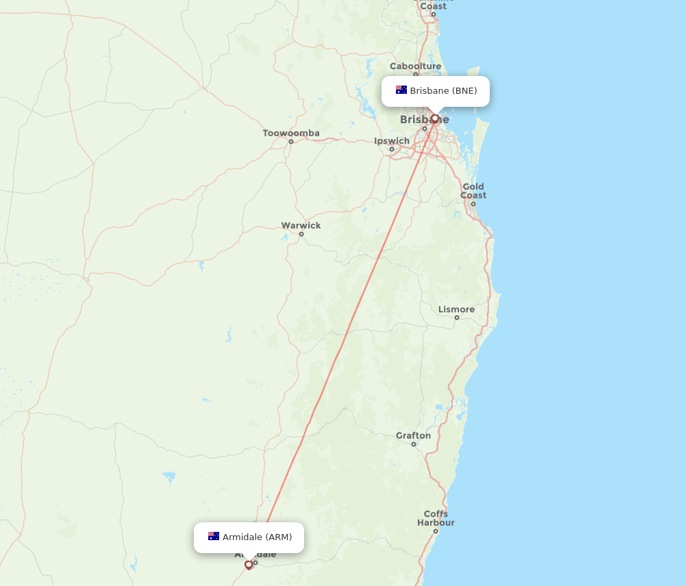 Armidale - Brisbane route map and flight paths