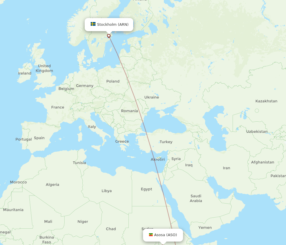 Asosa - Stockholm route map and flight paths