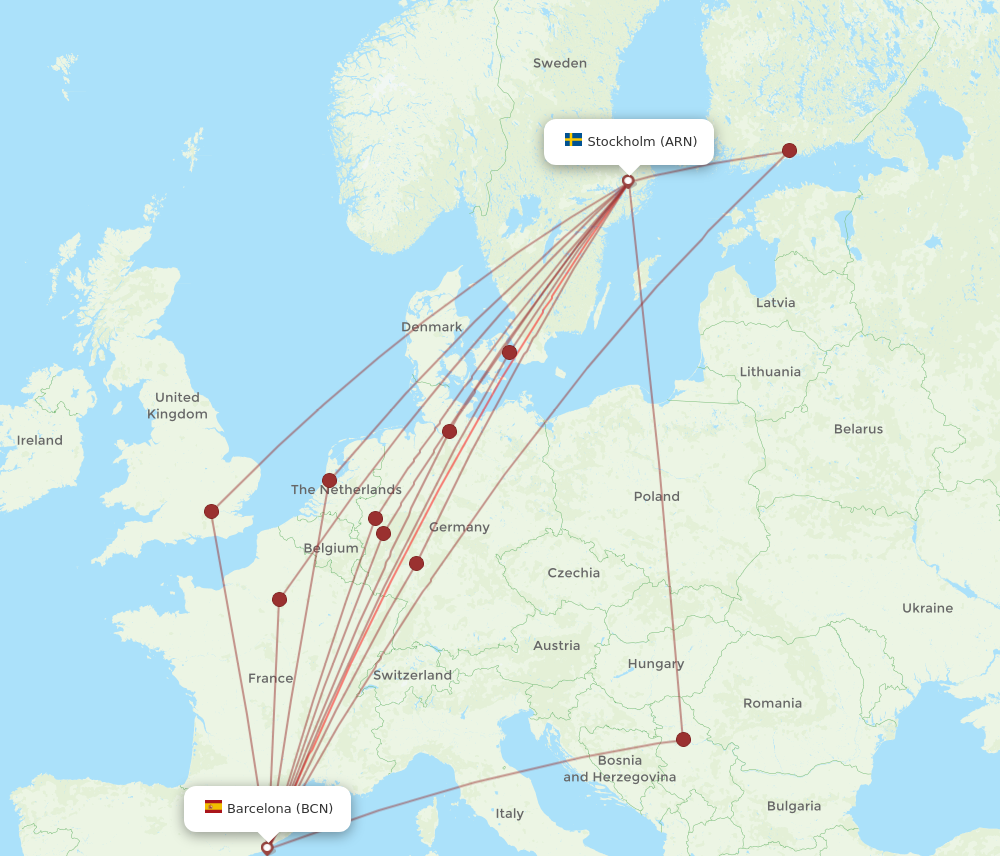 ARN to BCN flights and routes map
