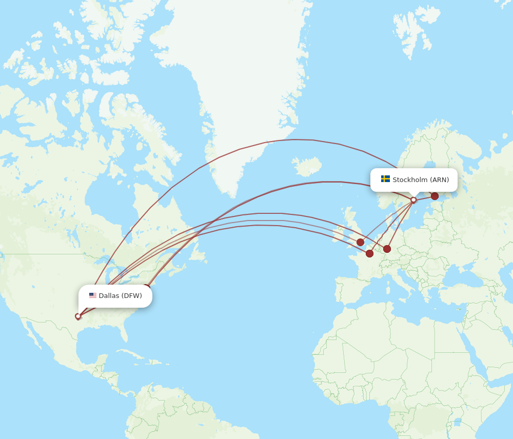 ARN to DFW flights and routes map