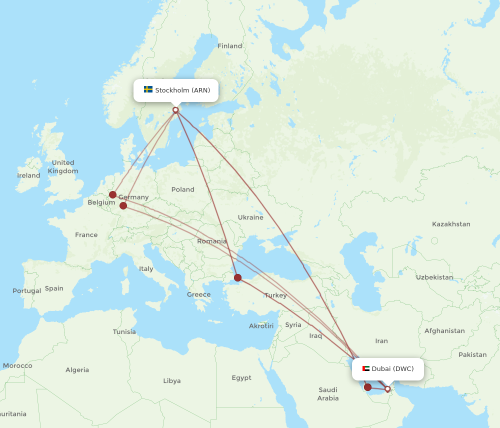 ARN to DWC flights and routes map