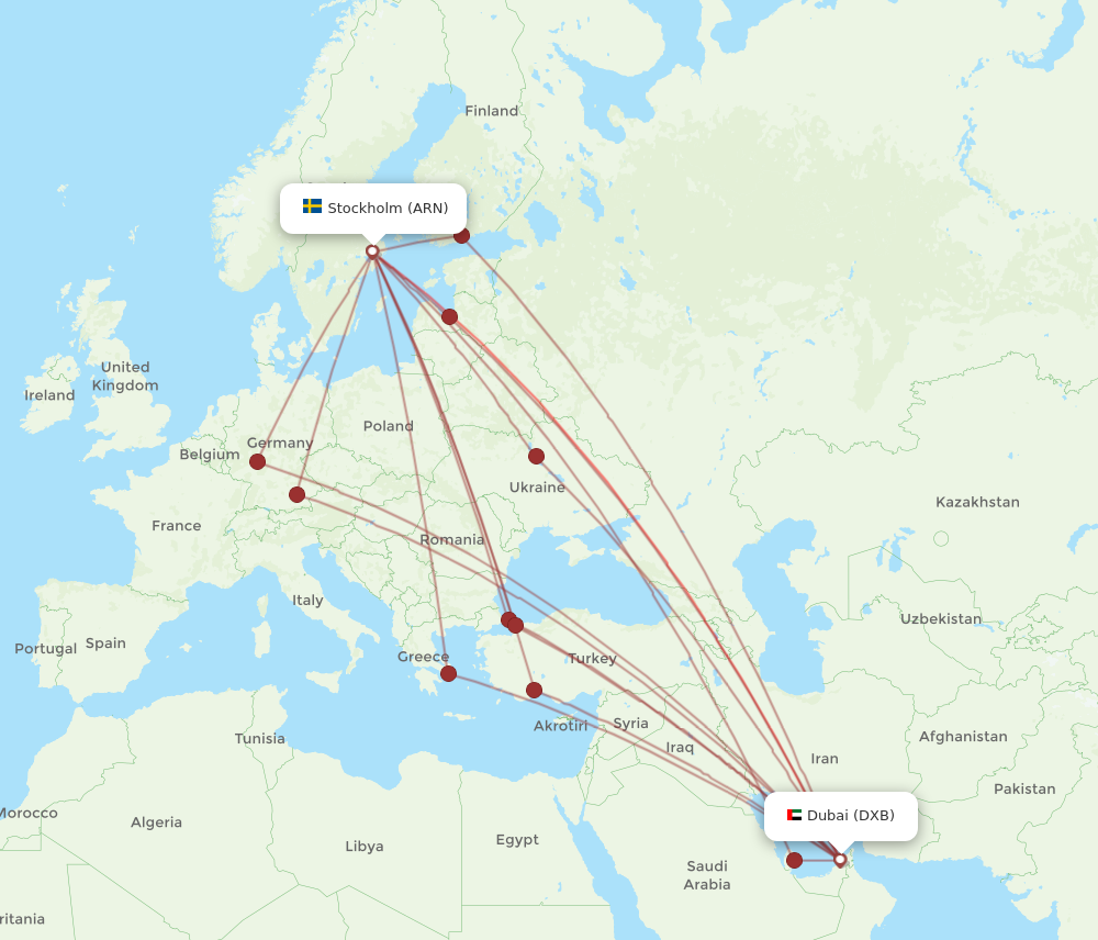ARN to DXB flights and routes map