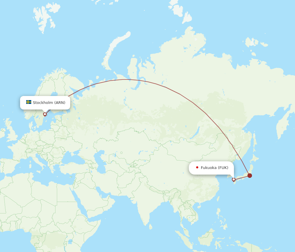 Fukuoka - Stockholm route map and flight paths