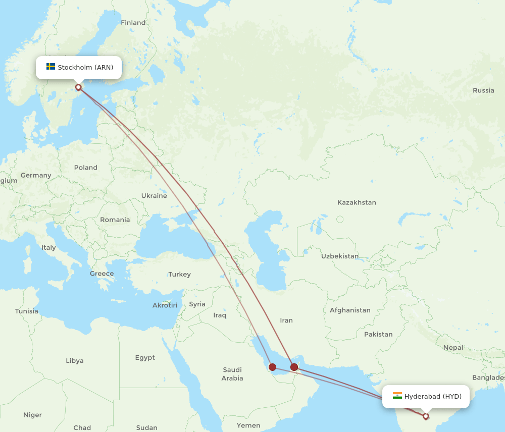 ARN to HYD flights and routes map