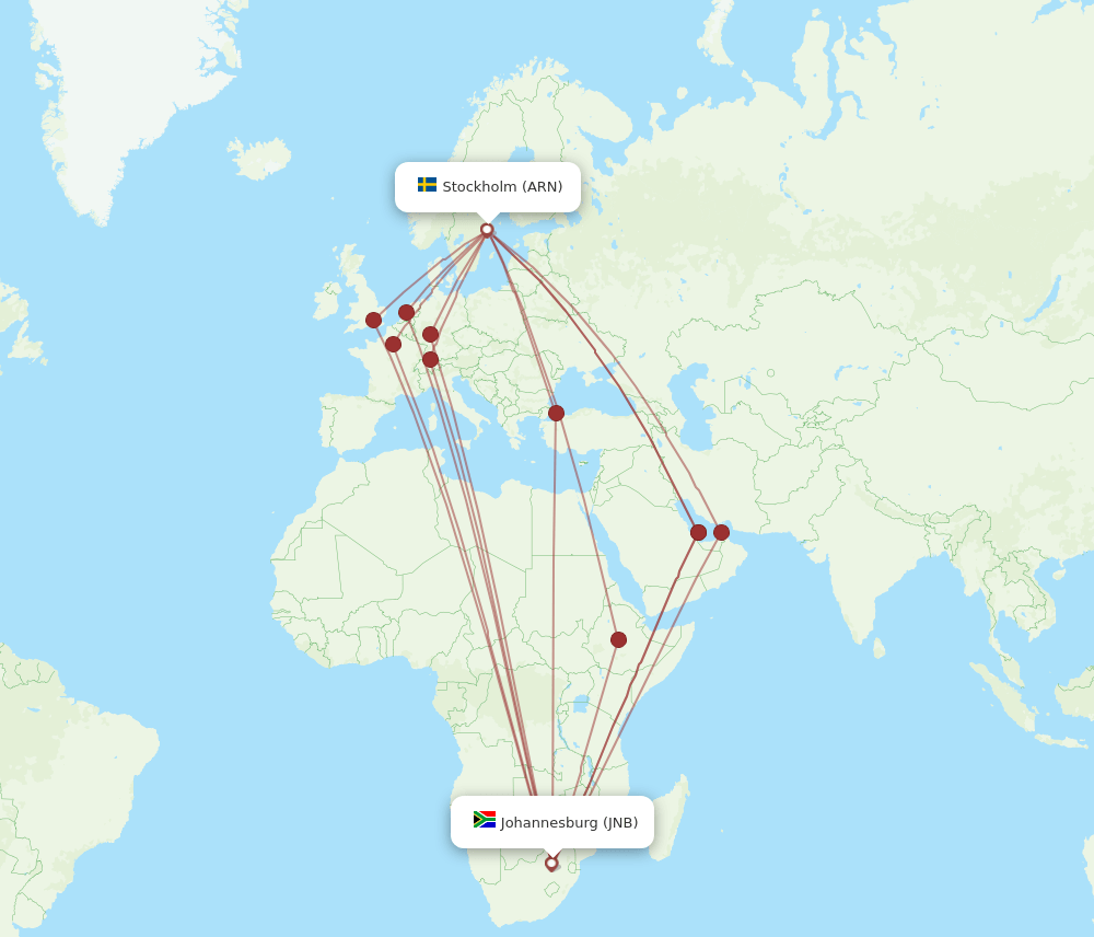 ARN to JNB flights and routes map