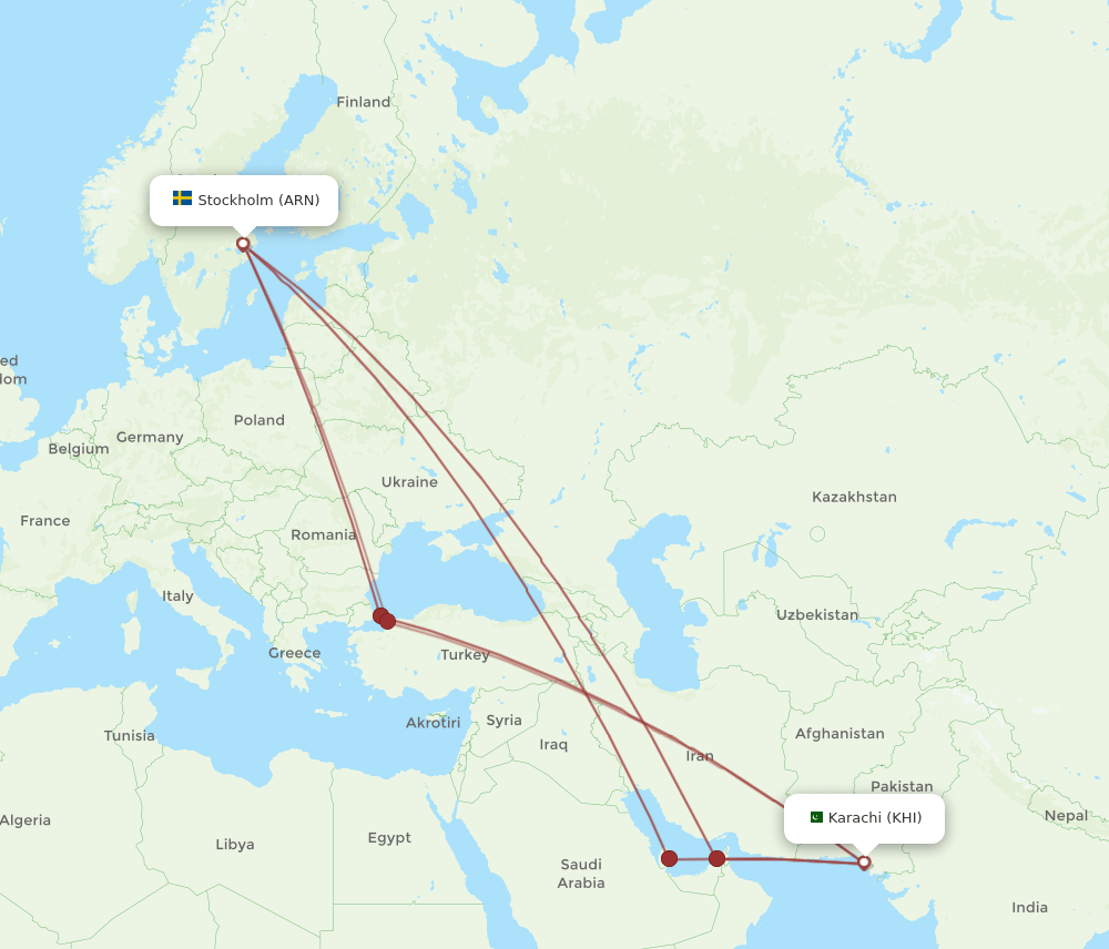 ARN to KHI flights and routes map