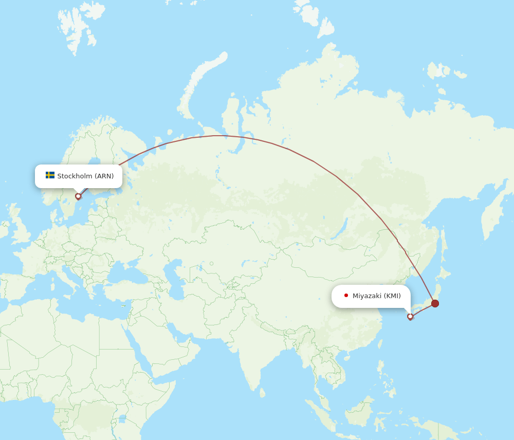 Miyazaki - Stockholm route map and flight paths