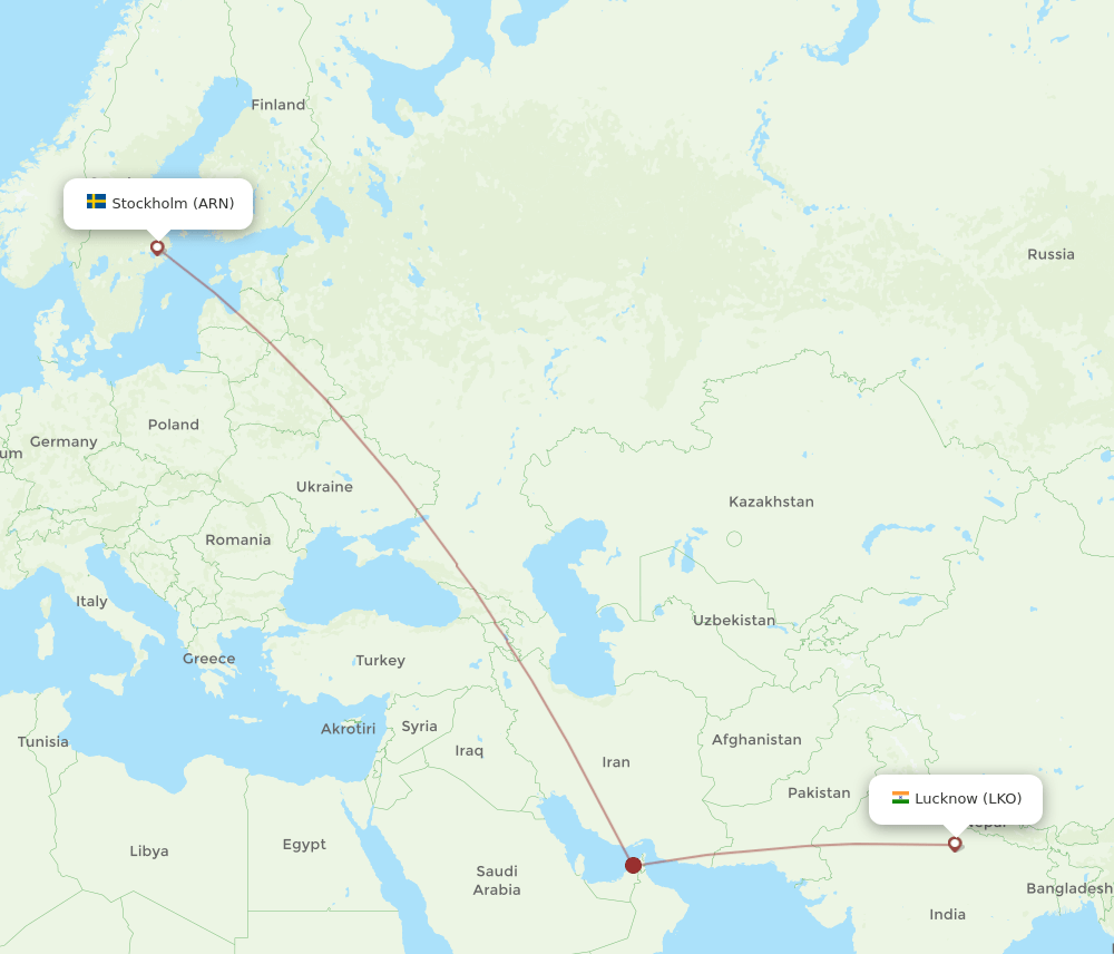 Stockholm - Lucknow route map and flight paths