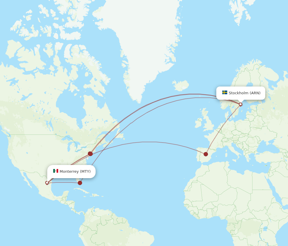 ARN to MTY flights and routes map