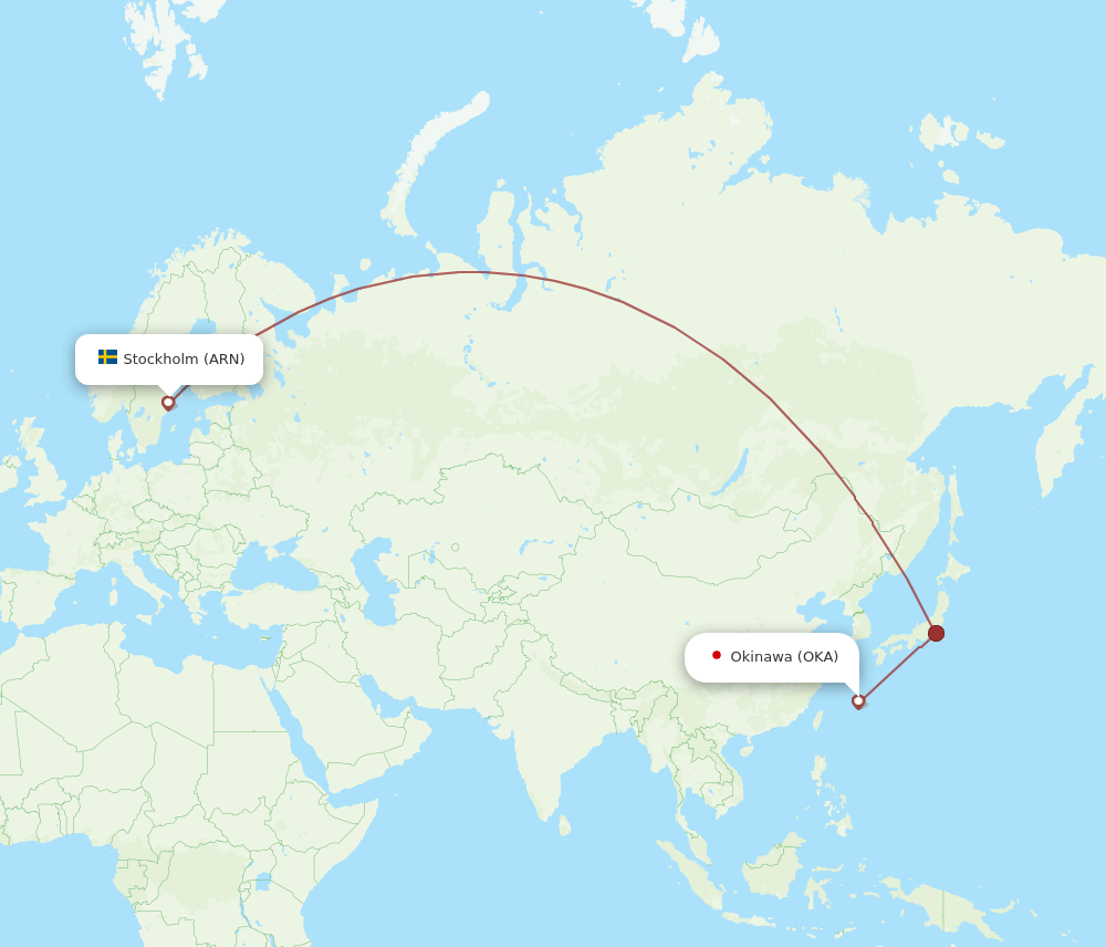 Okinawa - Stockholm route map and flight paths