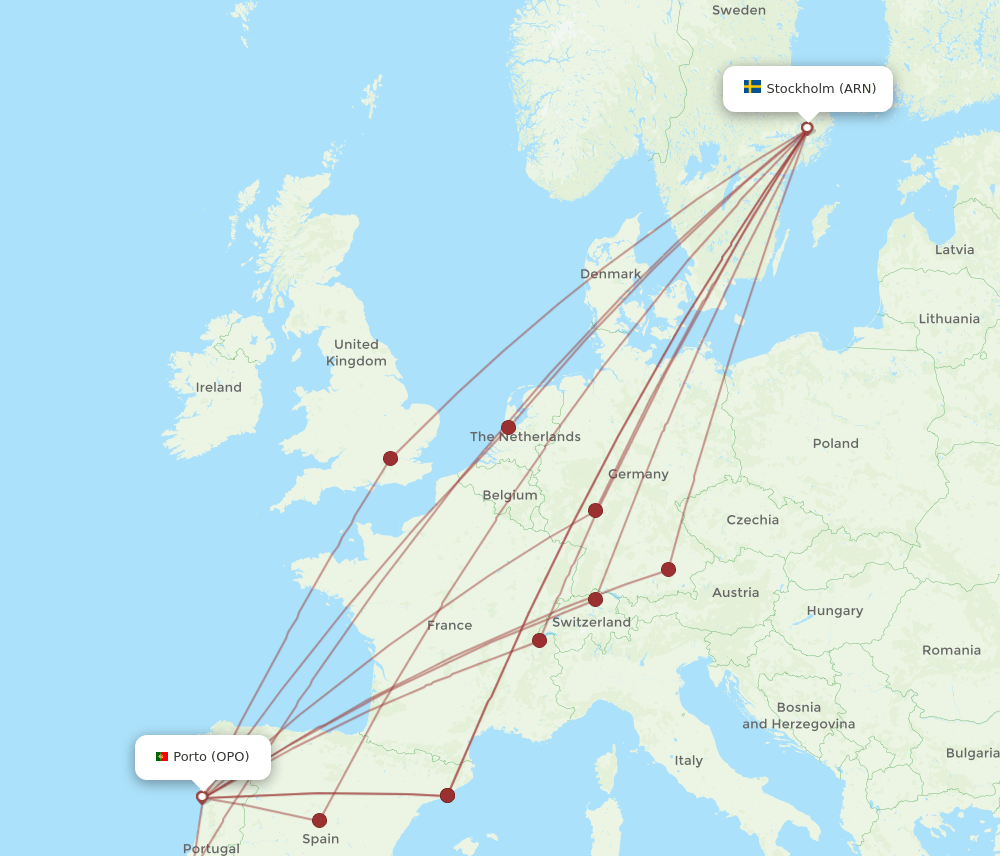ARN to OPO flights and routes map