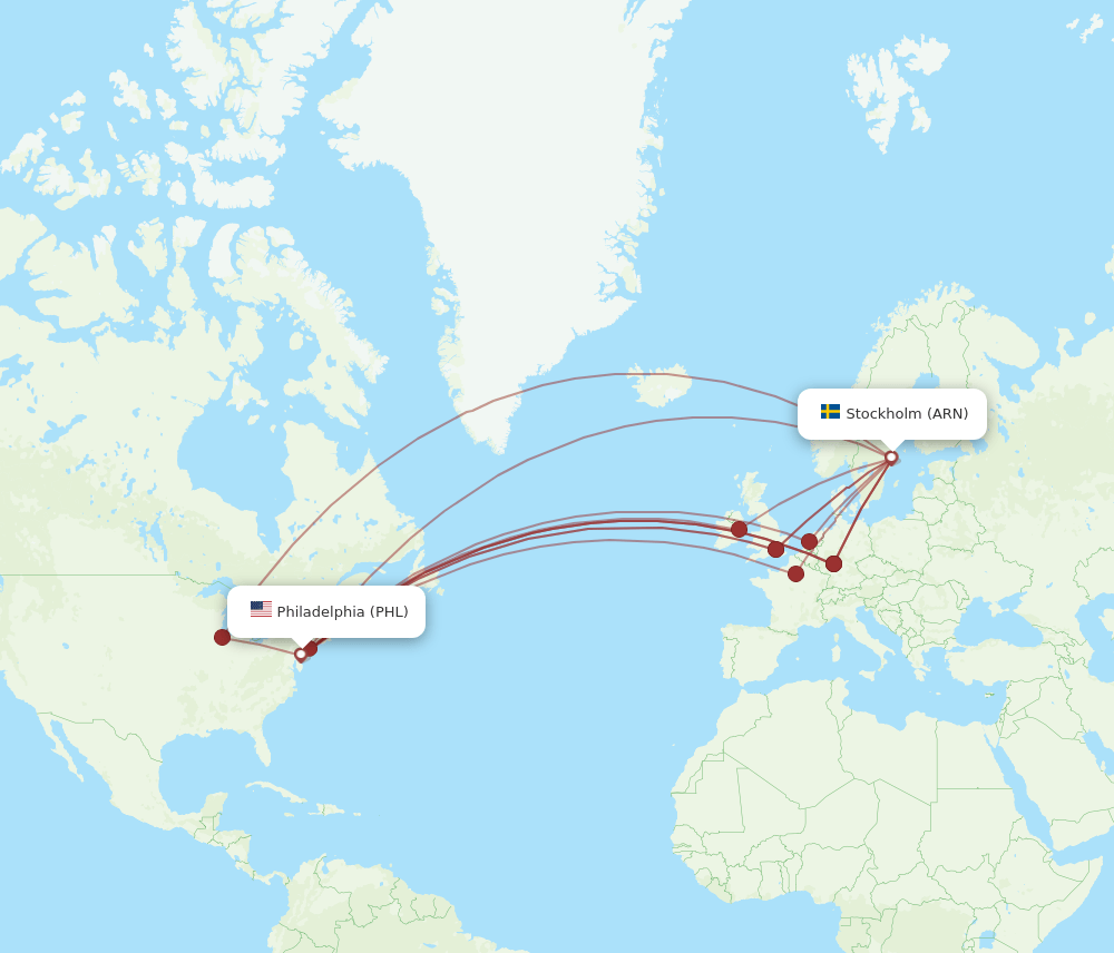 ARN to PHL flights and routes map