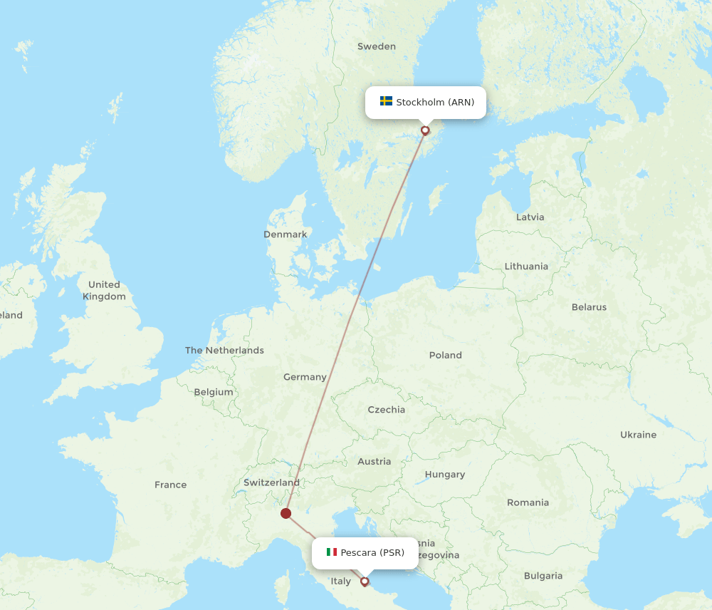 Stockholm - Pescara route map and flight paths