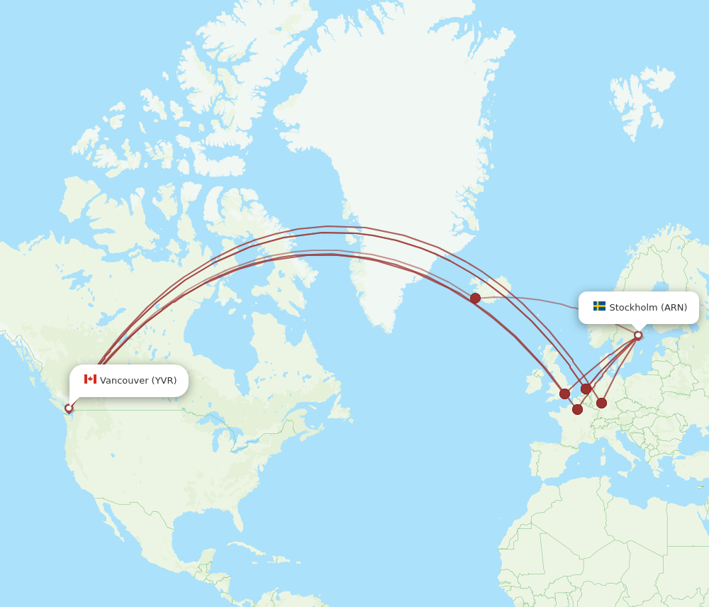Vancouver - Stockholm route map and flight paths
