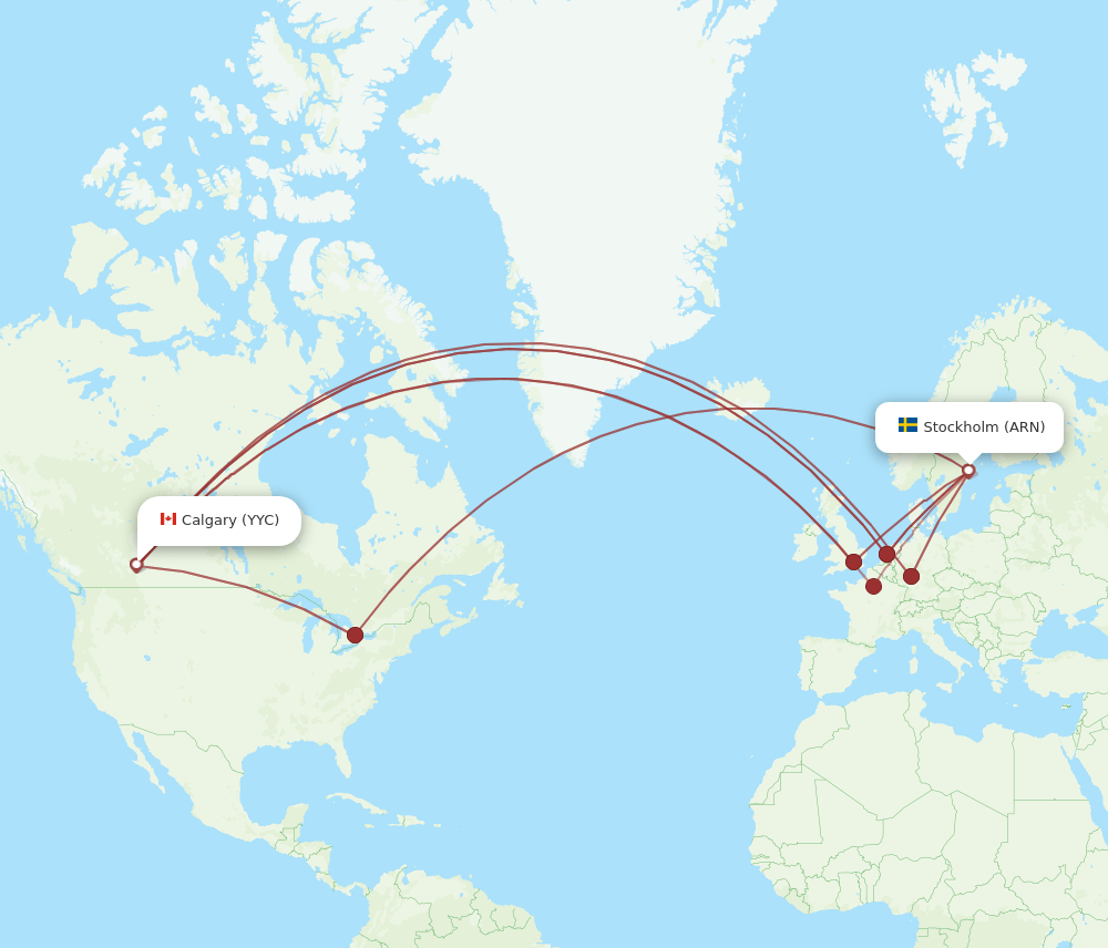 Calgary - Stockholm route map and flight paths